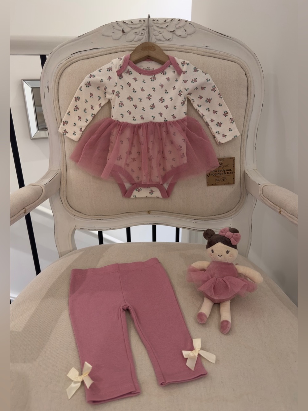 🤍 0~3 Mth Baby Girls Floral & Pink Tulle Bodysuit Onesie & Bow Leggings Set NWT